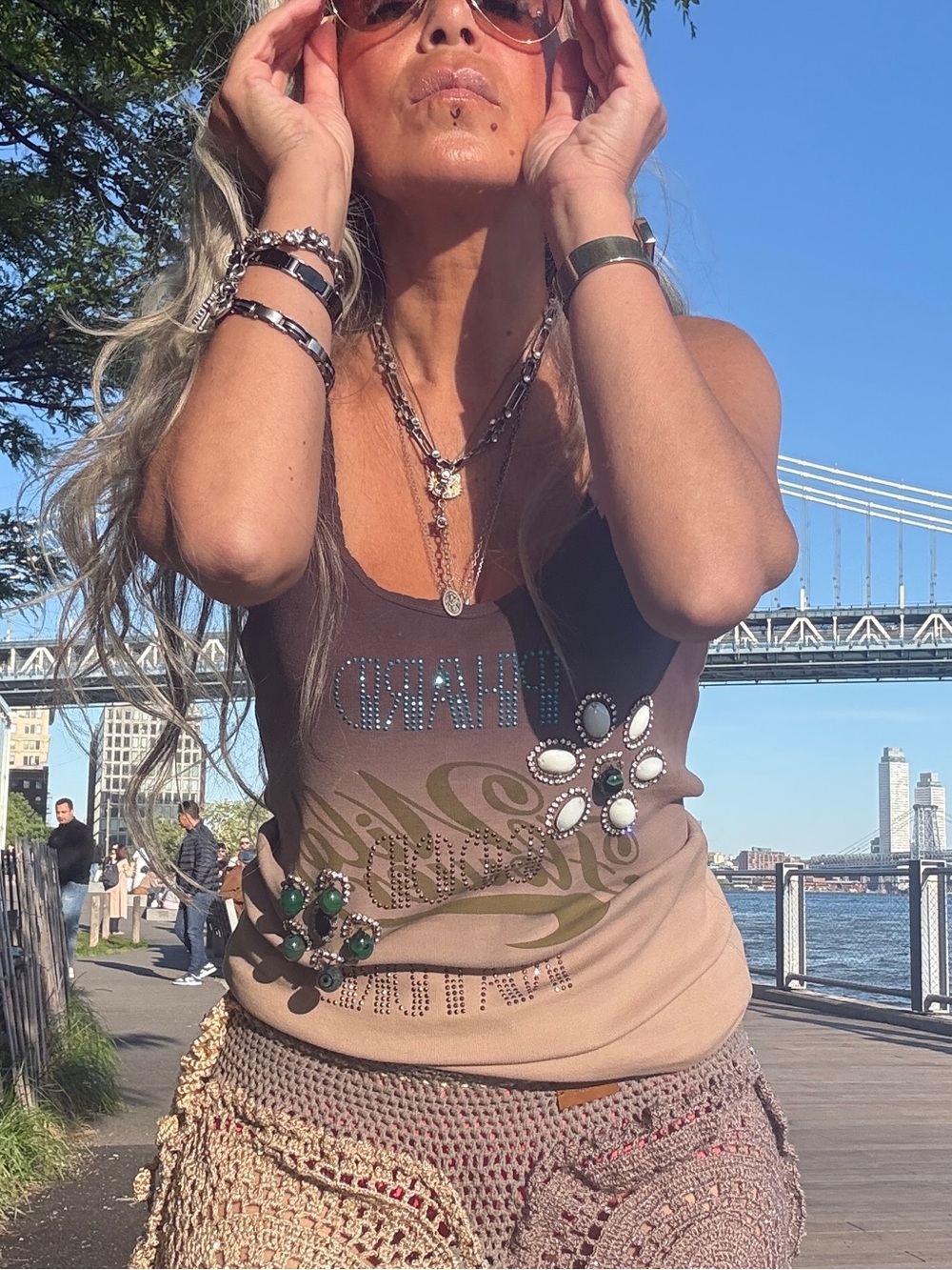 Phard Y2K Rhinestone Graphic Tank Top Beige Brown Size M